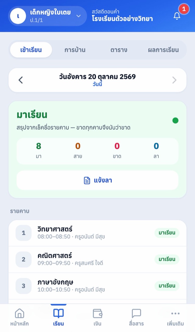แอปผู้ปกครอง หน้าการเข้าเรียนรายคาบของลูกในวันนี้